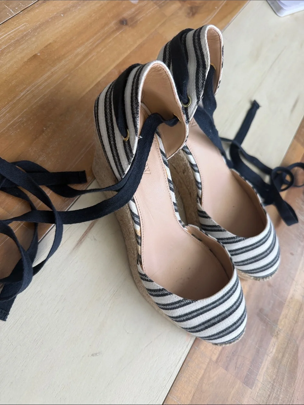 J. Crew Black and White Striped Espadrille Tie-Up Flats